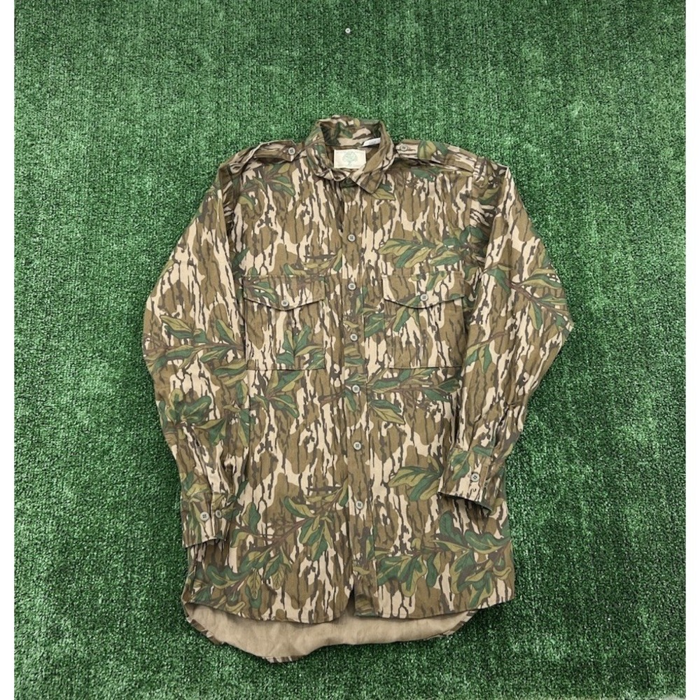Vintage 80s Mossy Oak Green Leaf Camo Long Sleeve Shirt Mens Small Made USA